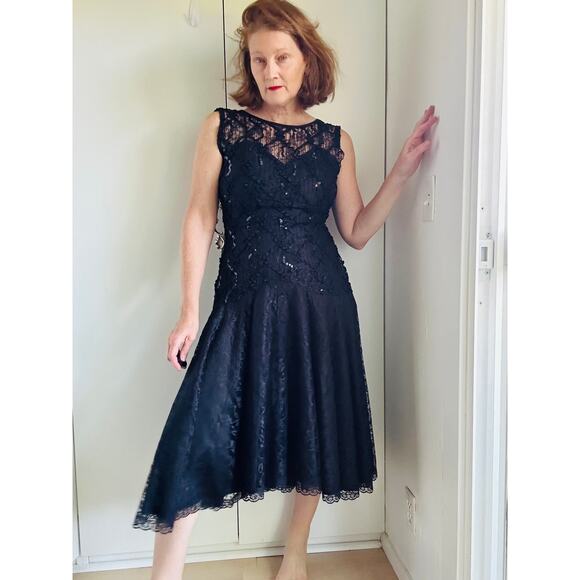 Vintage 80s Formal Party Dress Black Lace Sequin Midi Fit Size Medium Fitted - Picture 8 of 12